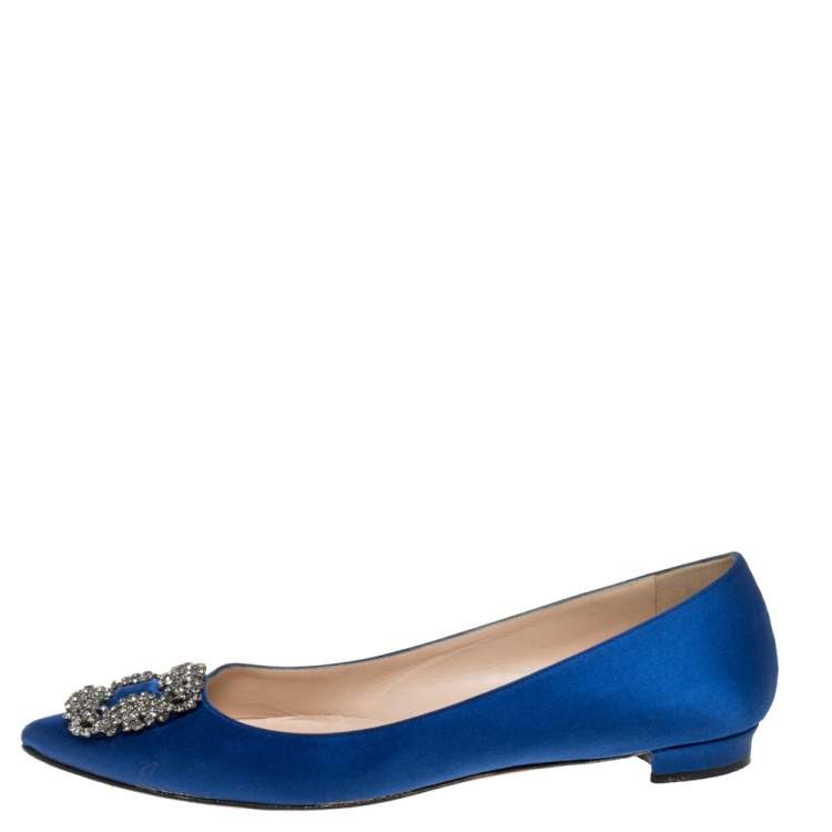 Pre Owned Manolo Blahnik Blue Satin Hangisi Ballet Flats Size 40.5