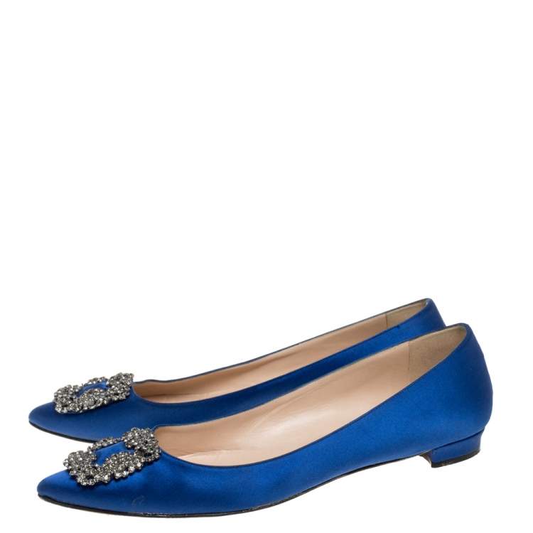 Pre Owned Manolo Blahnik Blue Satin Hangisi Ballet Flats Size 40.5