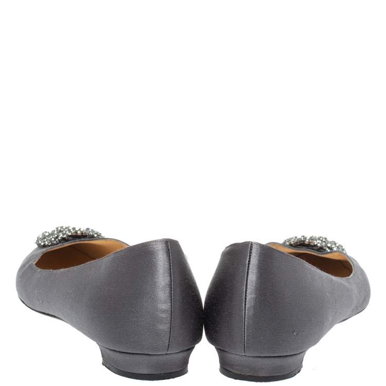 Pre Owned Manolo Blahnik Grey Satin Hangisi Crystal Embellished Ballet Flats Size 41
