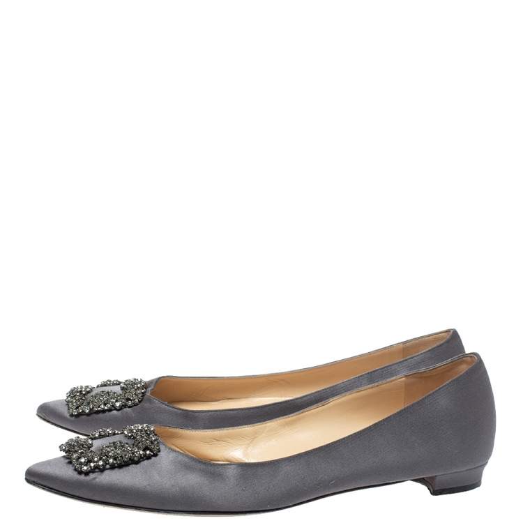 Pre Owned Manolo Blahnik Grey Satin Hangisi Crystal Embellished Ballet Flats Size 41