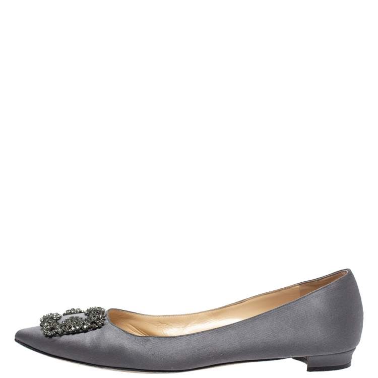 Pre Owned Manolo Blahnik Grey Satin Hangisi Crystal Embellished Ballet Flats Size 41
