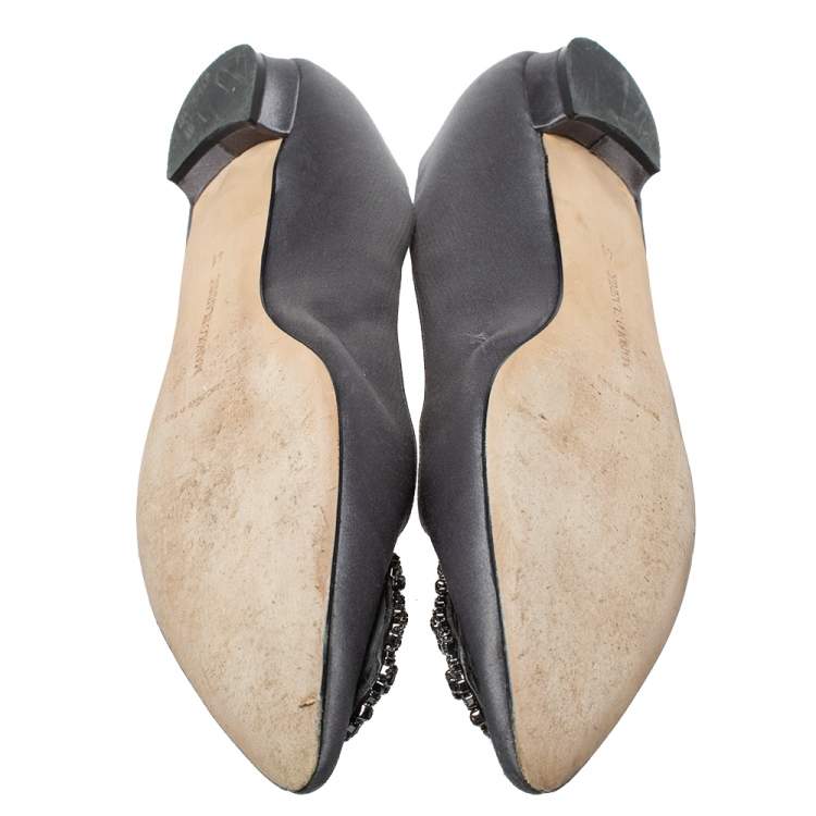 Pre Owned Manolo Blahnik Grey Satin Hangisi Crystal Embellished Ballet Flats Size 41