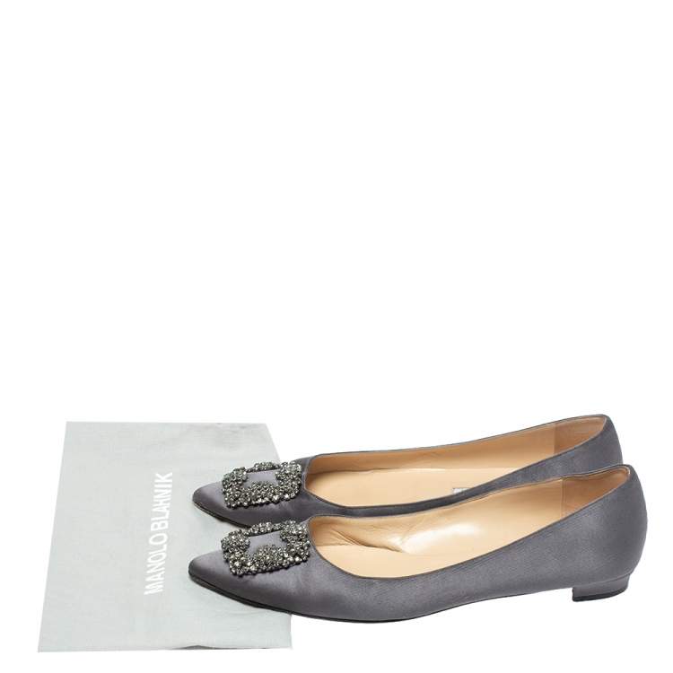 Pre Owned Manolo Blahnik Grey Satin Hangisi Crystal Embellished Ballet Flats Size 41