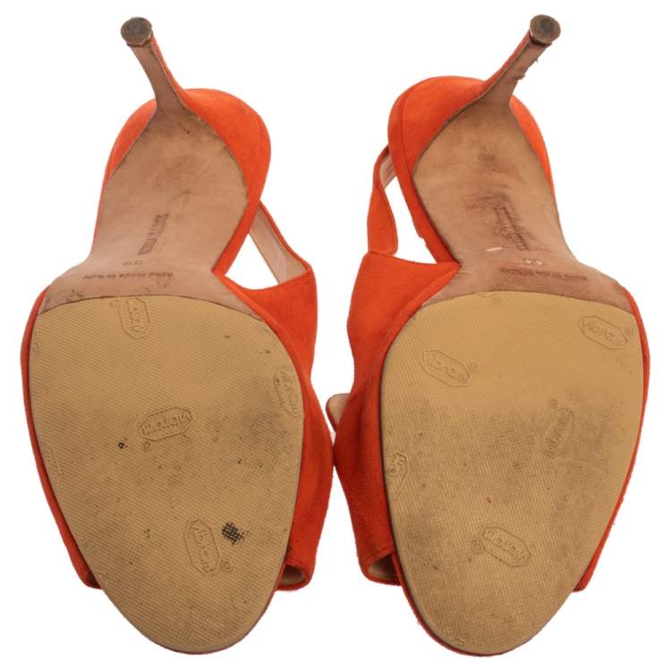 Pre Owned Manolo Blahnik Orange Suede Slingback Sandals Size 39