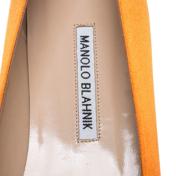 Pre Owned Manolo Blahnik Orange Satin Hangisi Crystal Embellished Flats Size 39.5