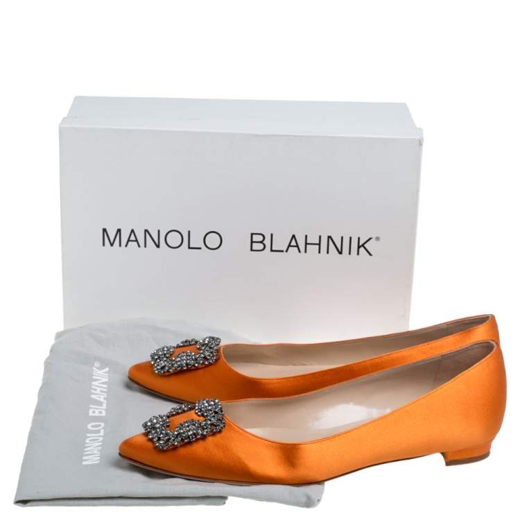Pre Owned Manolo Blahnik Orange Satin Hangisi Crystal Embellished Flats Size 39.5