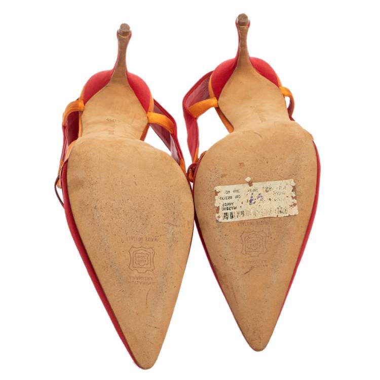 مملوكة مسبقًا Manolo Blahnik Red/Orange Satin Pointed Toe Slingback Sandals Size 40.5