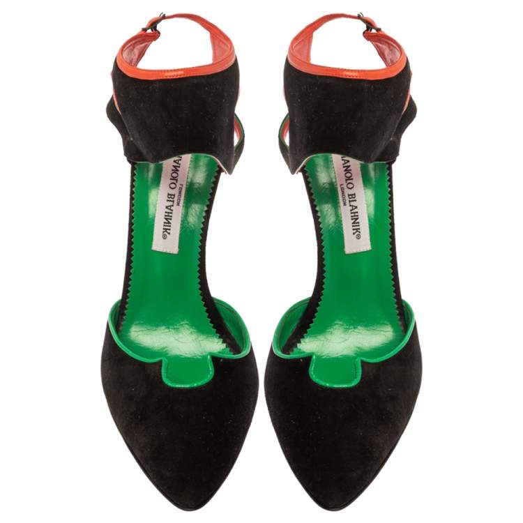 Pre Owned Manolo Blahnik Tri Color Suede Pointed Toe Ankle Strap Sandals Size 41