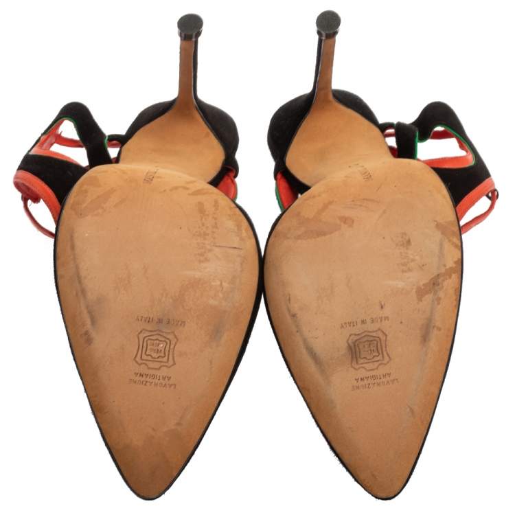 Pre Owned Manolo Blahnik Tri Color Suede Pointed Toe Ankle Strap Sandals Size 41