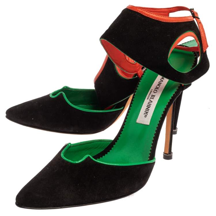 Pre Owned Manolo Blahnik Tri Color Suede Pointed Toe Ankle Strap Sandals Size 41