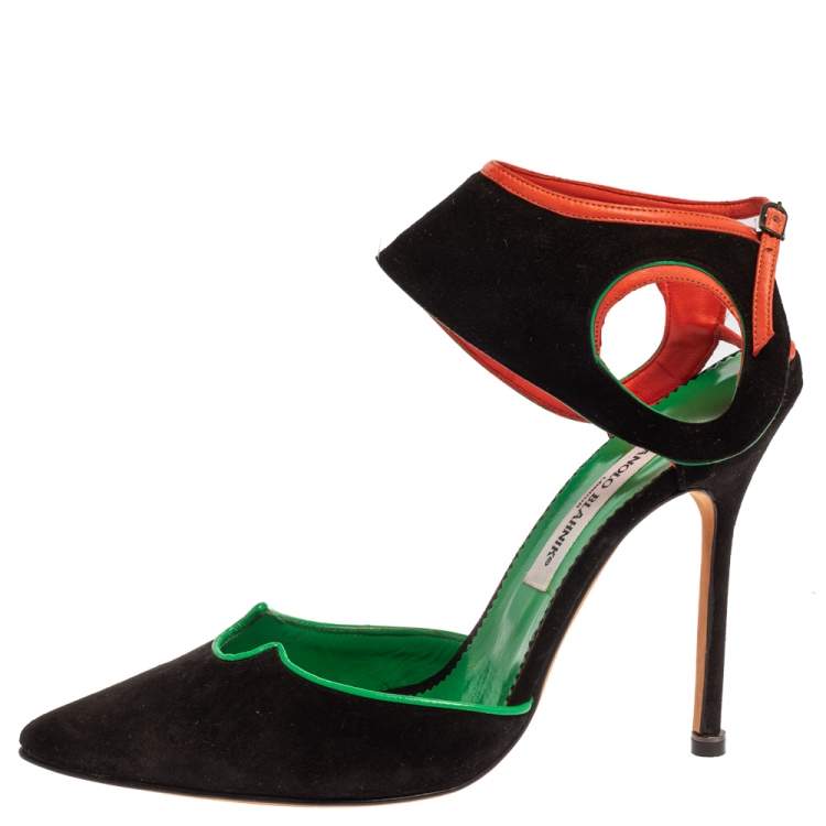 Pre Owned Manolo Blahnik Tri Color Suede Pointed Toe Ankle Strap Sandals Size 41