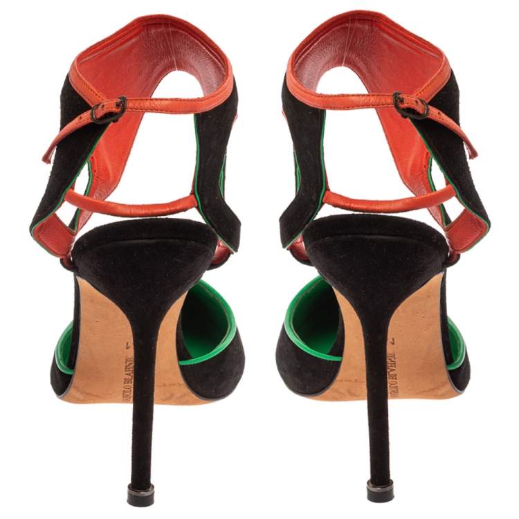 Pre Owned Manolo Blahnik Tri Color Suede Pointed Toe Ankle Strap Sandals Size 41