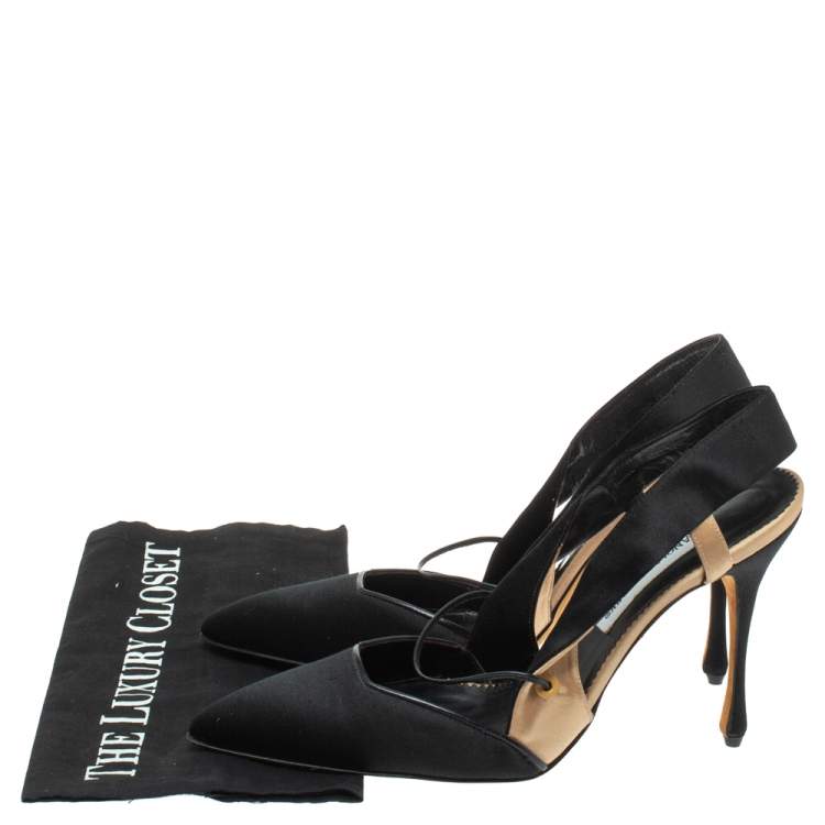 Pre Owned Manolo Blahnik Black Satin Slingback Sandals Size 40.5