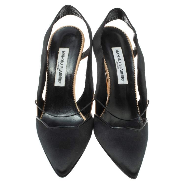 Pre Owned Manolo Blahnik Black Satin Slingback Sandals Size 40.5