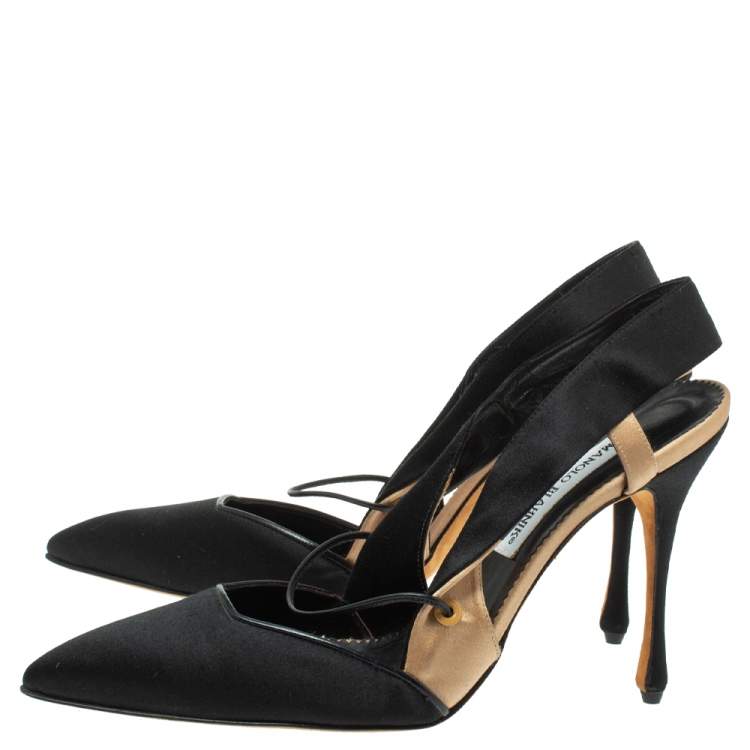 Pre Owned Manolo Blahnik Black Satin Slingback Sandals Size 40.5