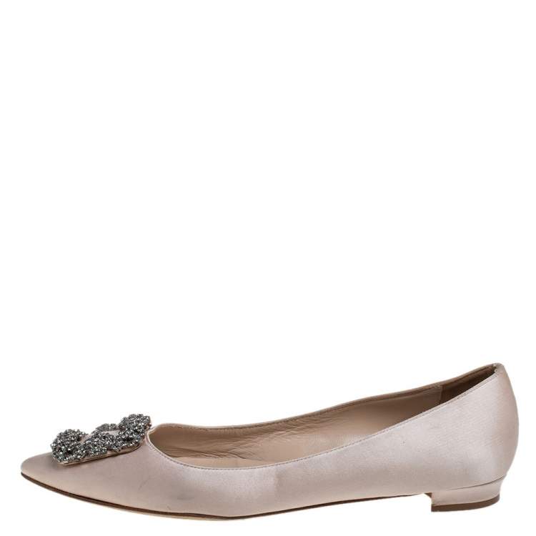 Pre Owned Manolo Blahnik Nude Satin Hangisi Ballet Flats Size 38.5