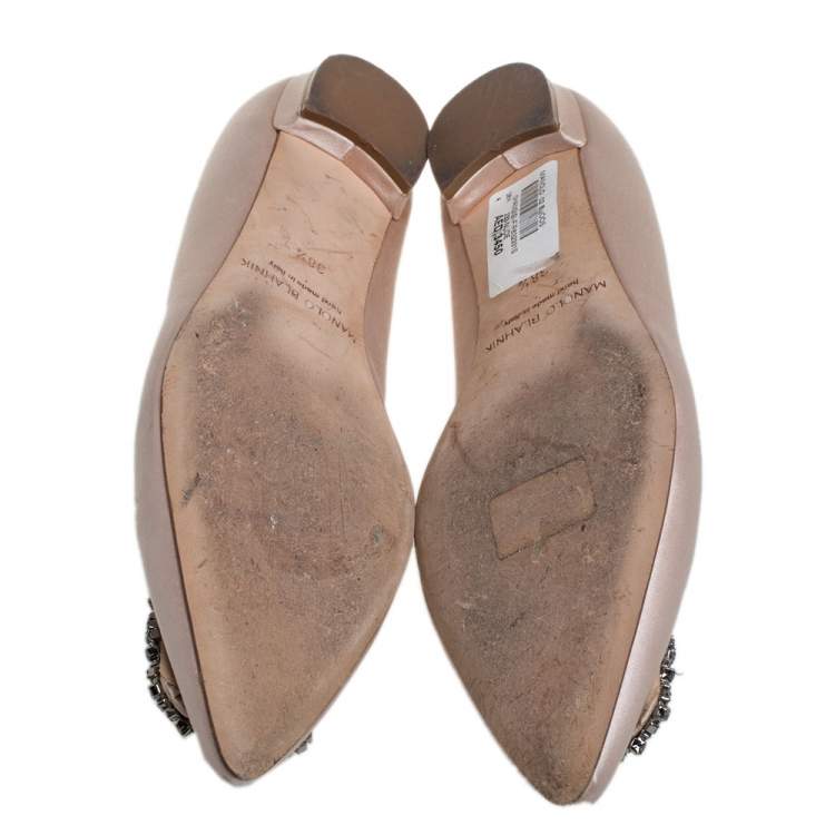 Pre Owned Manolo Blahnik Nude Satin Hangisi Ballet Flats Size 38.5