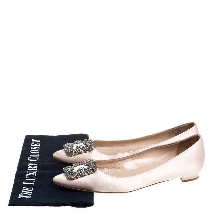 Pre Owned Manolo Blahnik Nude Satin Hangisi Ballet Flats Size 38.5
