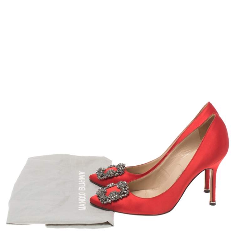 Pre Owned Manolo Blahnik Red Satin Hangisi Crystal Embellished Pointed Toe Pumps Size 38