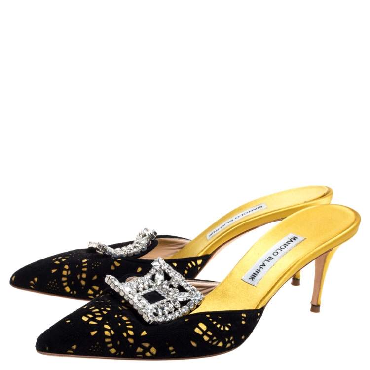 Pre Owned Manolo Blahnik Yellow/Black Satin and Laser Cut Suede Borli Crystal Embellished Mules Size 39.5