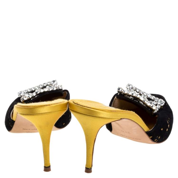 Pre Owned Manolo Blahnik Yellow/Black Satin and Laser Cut Suede Borli Crystal Embellished Mules Size 39.5