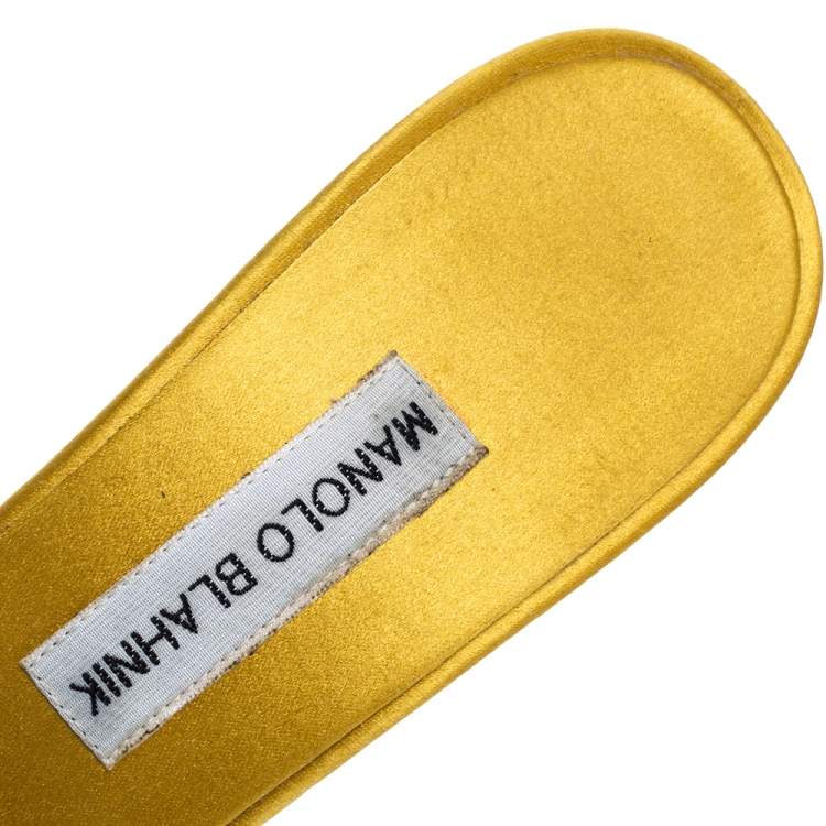 Pre Owned Manolo Blahnik Yellow/Black Satin and Laser Cut Suede Borli Crystal Embellished Mules Size 39.5
