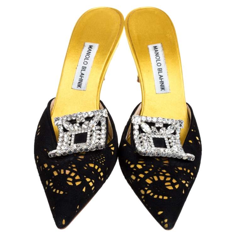 Pre Owned Manolo Blahnik Yellow/Black Satin and Laser Cut Suede Borli Crystal Embellished Mules Size 39.5