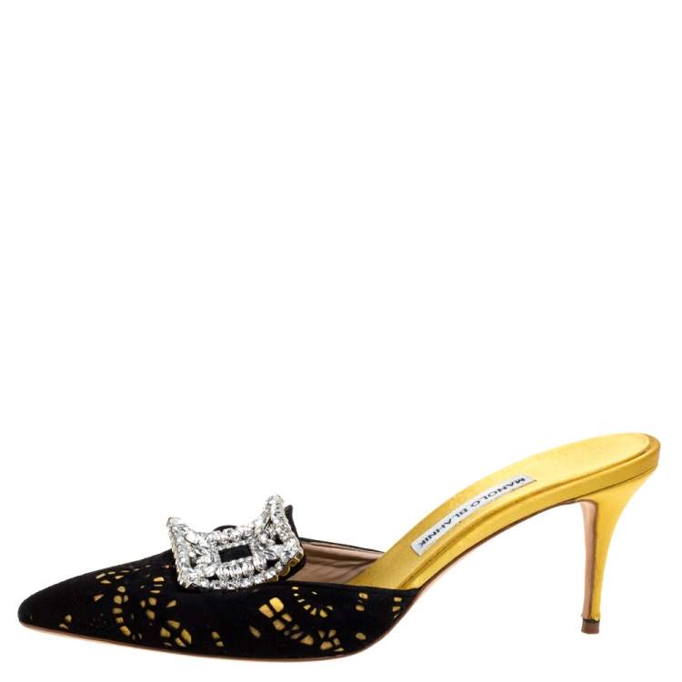 Pre Owned Manolo Blahnik Yellow/Black Satin and Laser Cut Suede Borli Crystal Embellished Mules Size 39.5