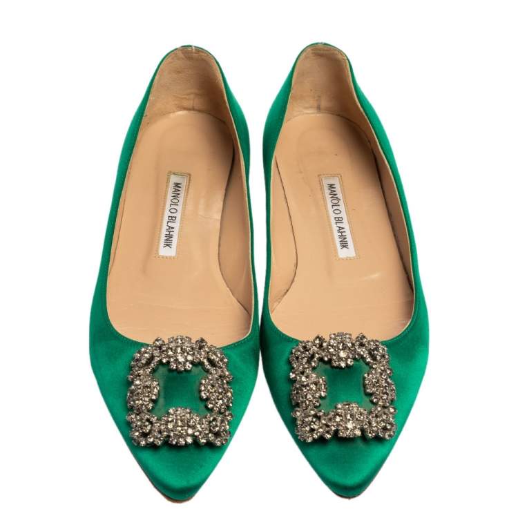Pre Owned Manolo Blahnik Green Satin Hangisi Flats Size 39