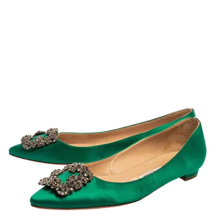 Pre Owned Manolo Blahnik Green Satin Hangisi Flats Size 39