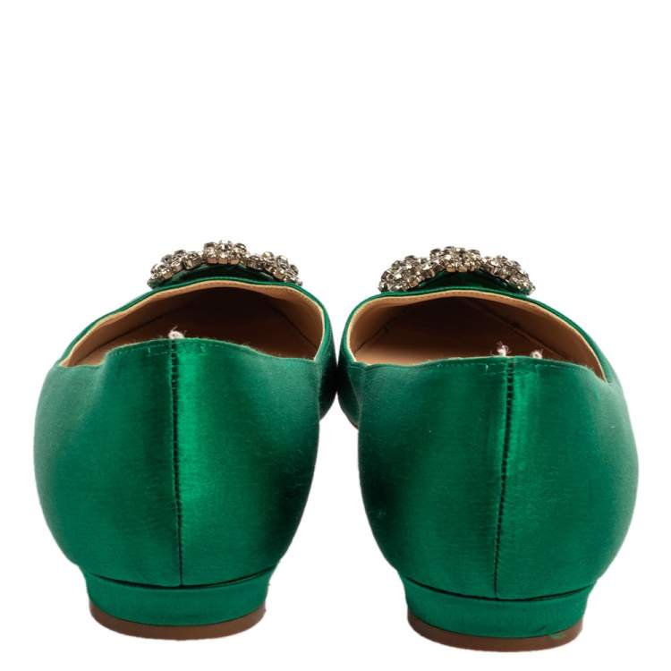 Pre Owned Manolo Blahnik Green Satin Hangisi Flats Size 39