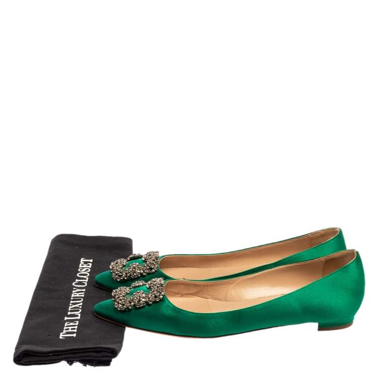 Pre Owned Manolo Blahnik Green Satin Hangisi Flats Size 39