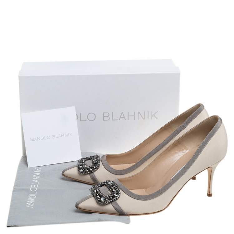 Pre Owned Manolo Blahnik Beige Satin Gotrian Crystal Embellished Pointed Toe Pumps Size 40.5