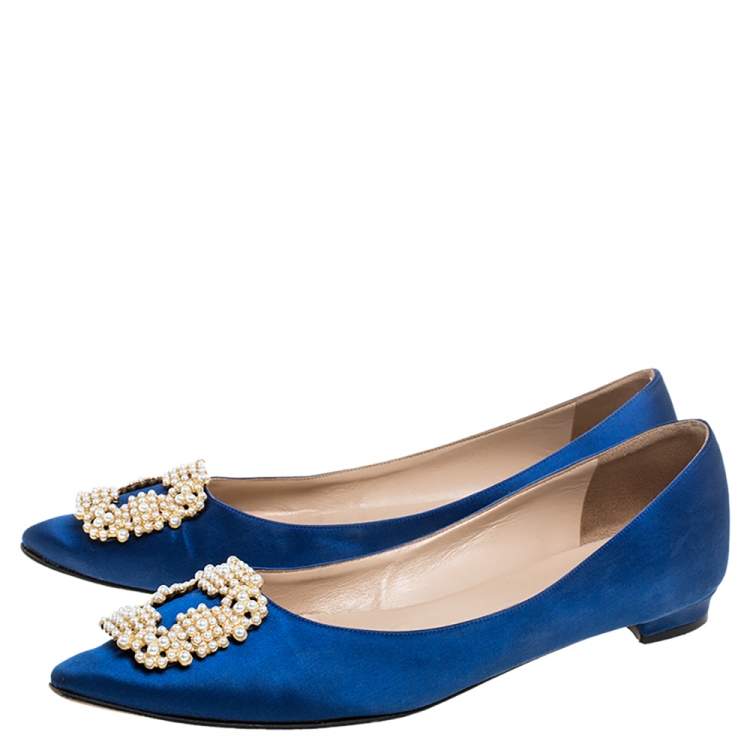Pre Owned Manolo Blahnik Blue Satin Hangisi Crystal Embellished Ballet Flats Size 39.5