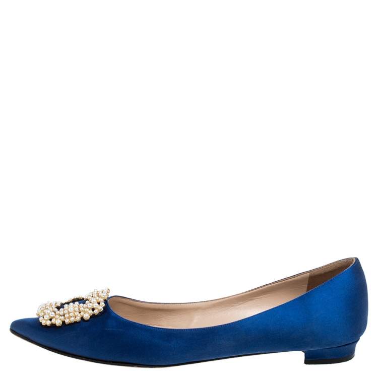 Pre Owned Manolo Blahnik Blue Satin Hangisi Crystal Embellished Ballet Flats Size 39.5