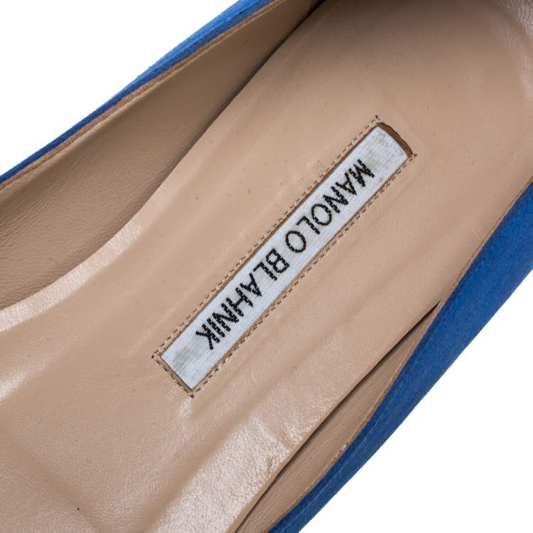 Pre Owned Manolo Blahnik Blue Satin Hangisi Crystal Embellished Ballet Flats Size 39.5