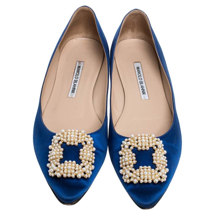 Pre Owned Manolo Blahnik Blue Satin Hangisi Crystal Embellished Ballet Flats Size 39.5