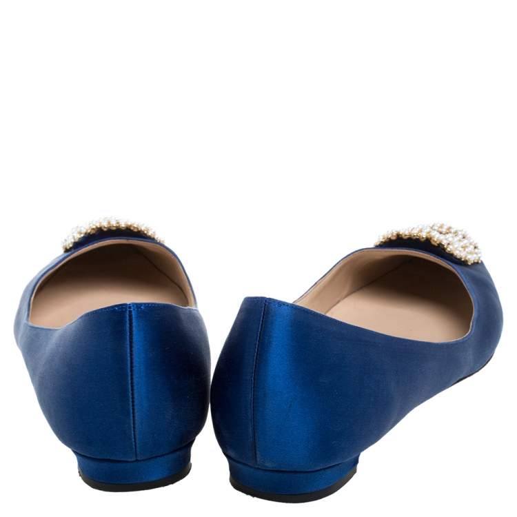 Pre Owned Manolo Blahnik Blue Satin Hangisi Crystal Embellished Ballet Flats Size 39.5