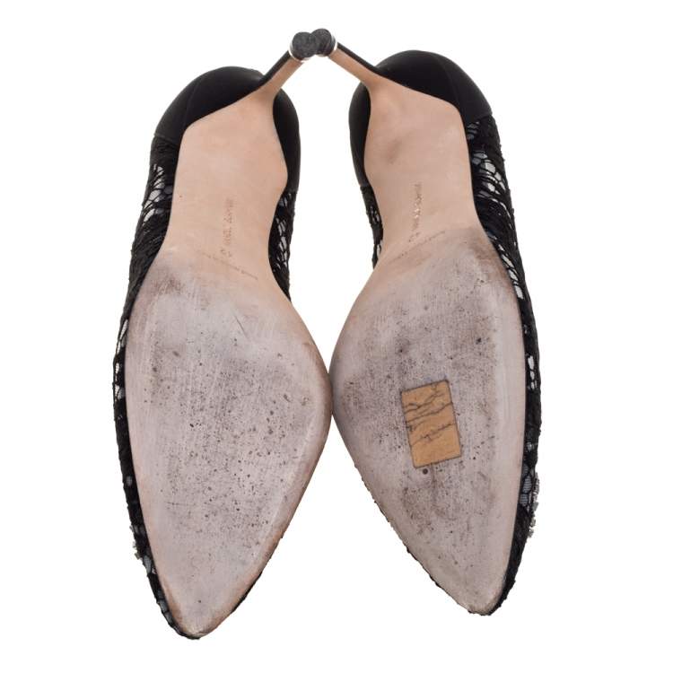 Pre Owned Manolo Blahnik Black Lace And Fabric Hangisi Crystal Embellished Pumps Size 42