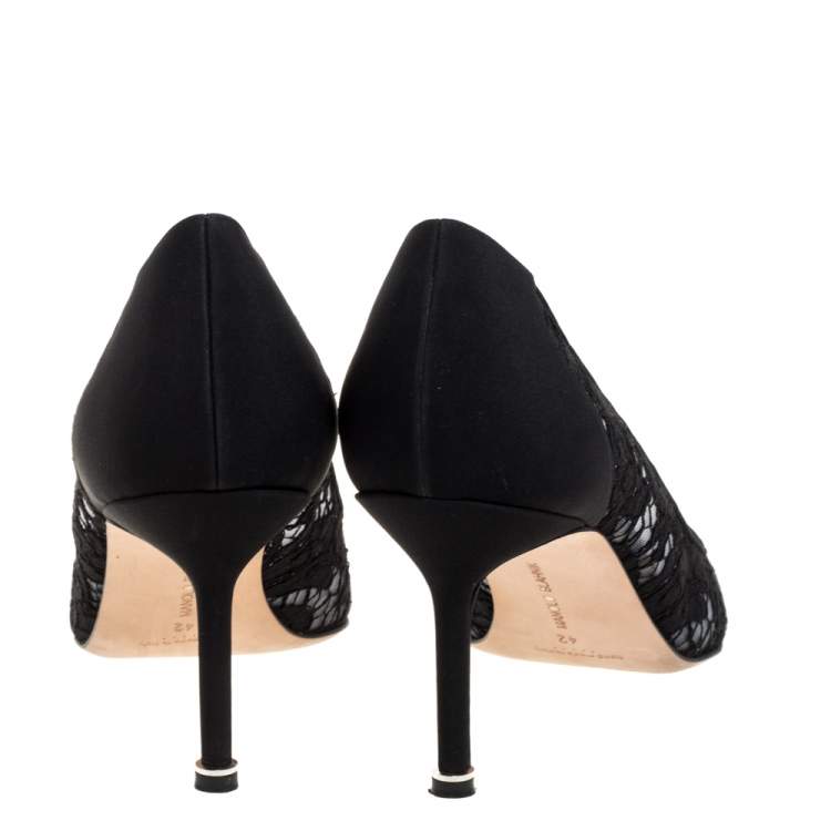 Pre Owned Manolo Blahnik Black Lace And Fabric Hangisi Crystal Embellished Pumps Size 42