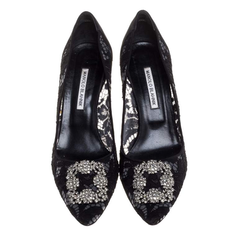 Pre Owned Manolo Blahnik Black Lace And Fabric Hangisi Crystal Embellished Pumps Size 42