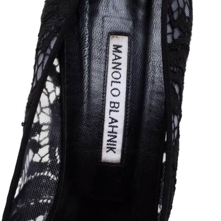 Pre Owned Manolo Blahnik Black Lace And Fabric Hangisi Crystal Embellished Pumps Size 42