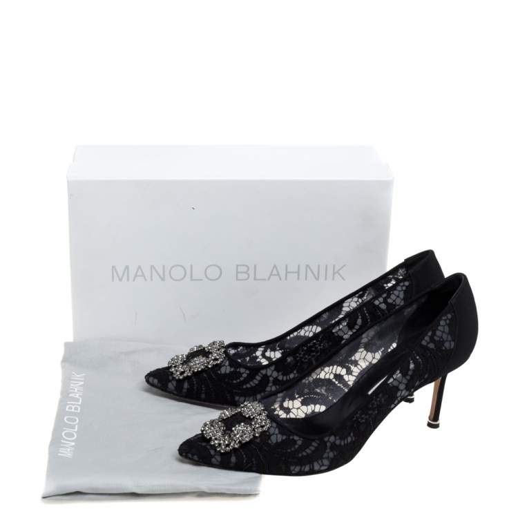 Pre Owned Manolo Blahnik Black Lace And Fabric Hangisi Crystal Embellished Pumps Size 42