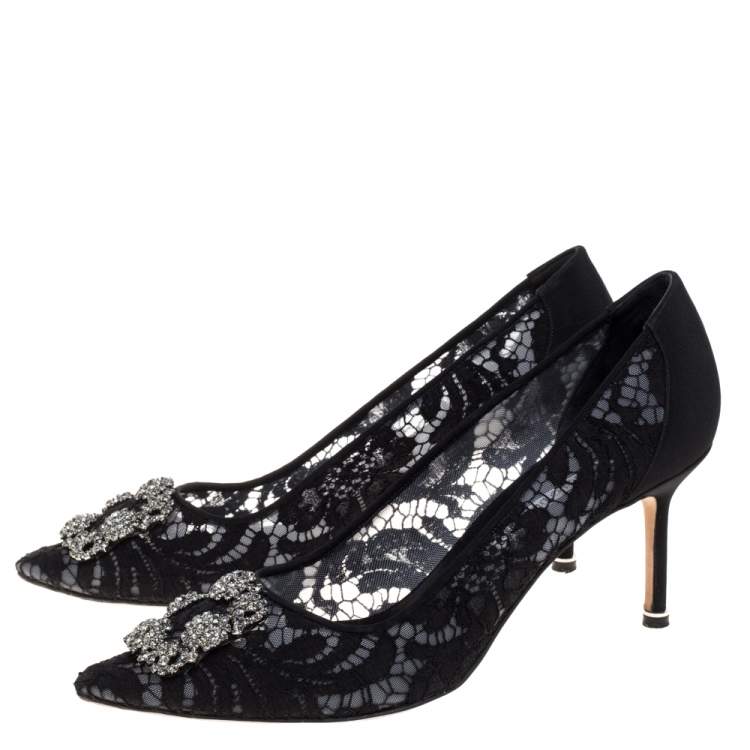 Pre Owned Manolo Blahnik Black Lace And Fabric Hangisi Crystal Embellished Pumps Size 42