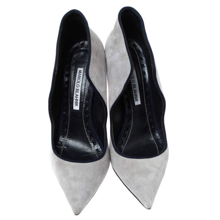 Pre Owned Manolo Blahnik Grey Suede Espedal Collar Pointed Toe Pumps Size 38