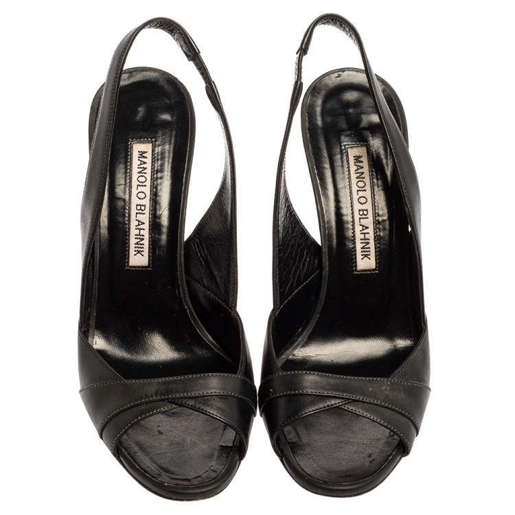 Pre Owned Manolo Blahnik Black Leather Slingback Sandals Size 35.5