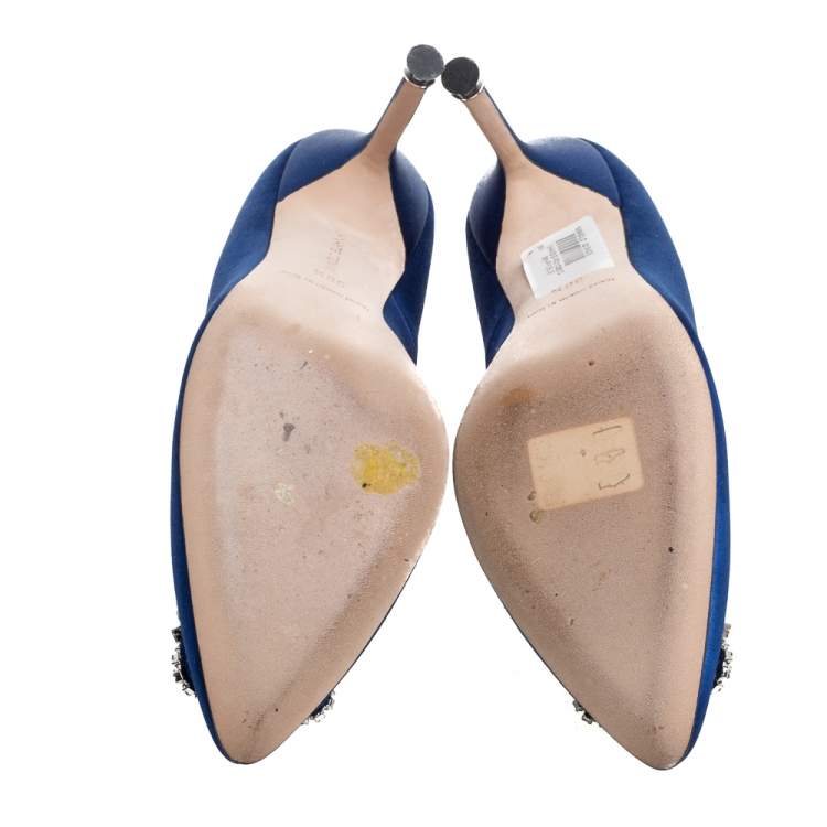 Pre Owned Manolo Blahnik Blue Satin Hangisi  Pumps Size 36.5