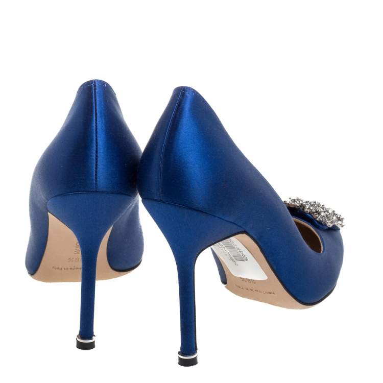 Pre Owned Manolo Blahnik Blue Satin Hangisi  Pumps Size 36.5