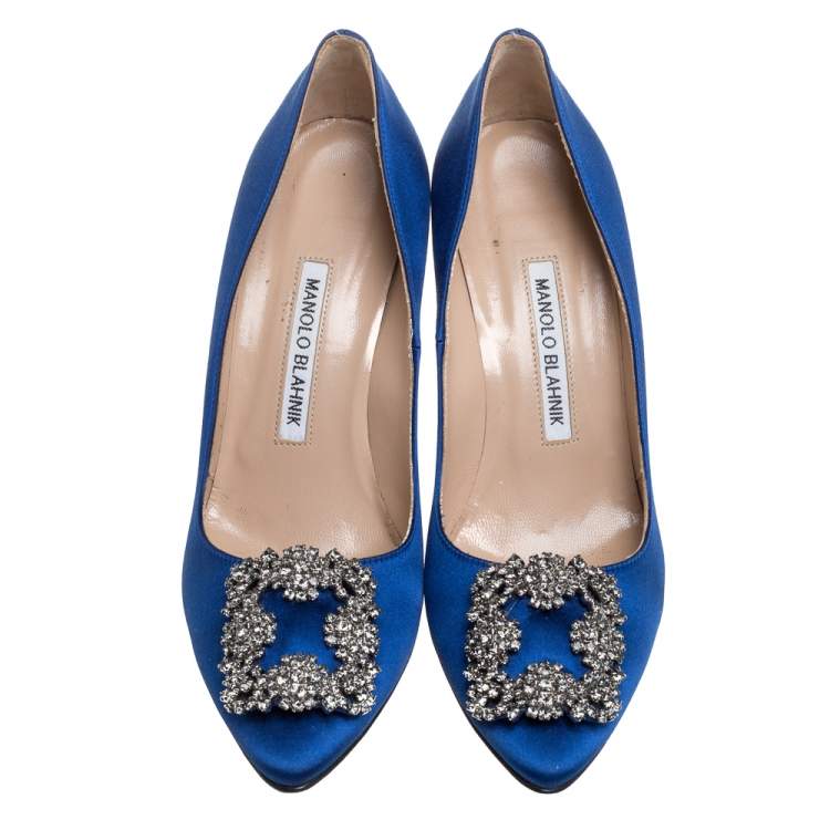 Pre Owned Manolo Blahnik Blue Satin Hangisi  Pumps Size 36.5