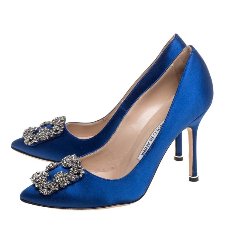Pre Owned Manolo Blahnik Blue Satin Hangisi  Pumps Size 36.5